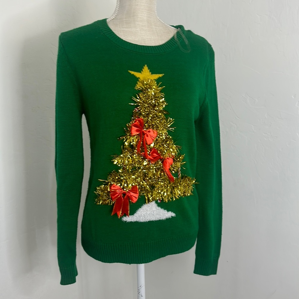 Green tinsel striped jingle bell ugly Christmas sweater size M (7-9)